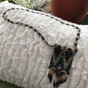 Medicine Pouch Beaded Necklace blue brown gold blk